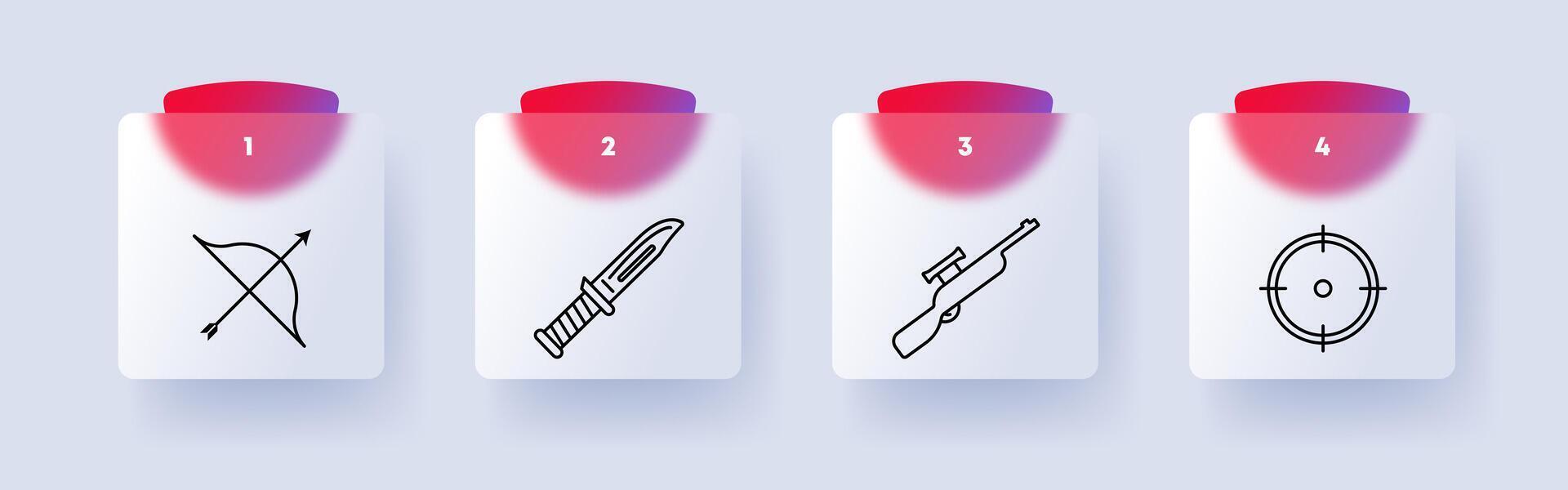 Weapon set icon. Sniper rifle, scope, bolt gun, numbering, knife, handle, bow, string, arrow, crosshair. Concept of hunting and hunting equipment. Glasmorphism style. vector