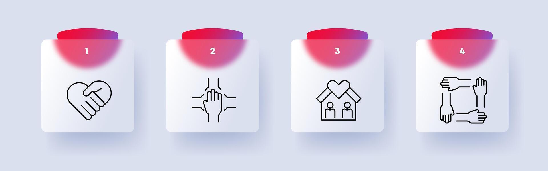icon set command. Heart, hand, palm, silhouette, teamwork, square, figure, house, people, relationships, communication, numbering. All for one and one for all concept. Glassmorphism style. vector