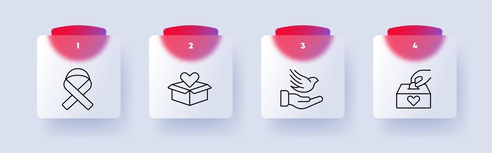 Charity icon set. Ribbon, fight against cancer, rehabilitation, donations, charity, hand, bird, piggy bank, coin, numbering. Giving your money for benefit of others concept. Glassmorphism style. vector