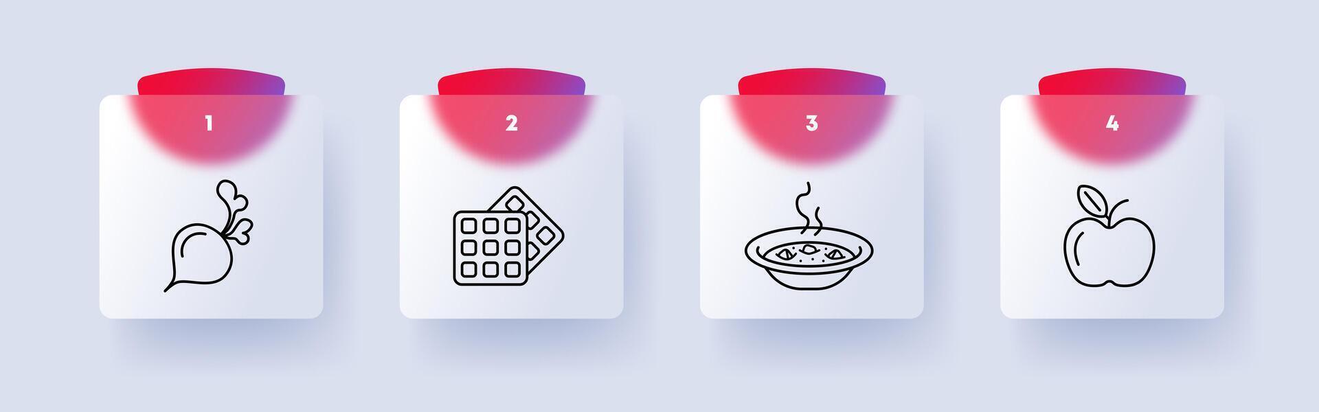 Products set icon. Soup, plate, apple, radish, vegetables, health care, numbering, flat design, waffle, baked goods. Healthy eating concept. Glassmorphism style. vector