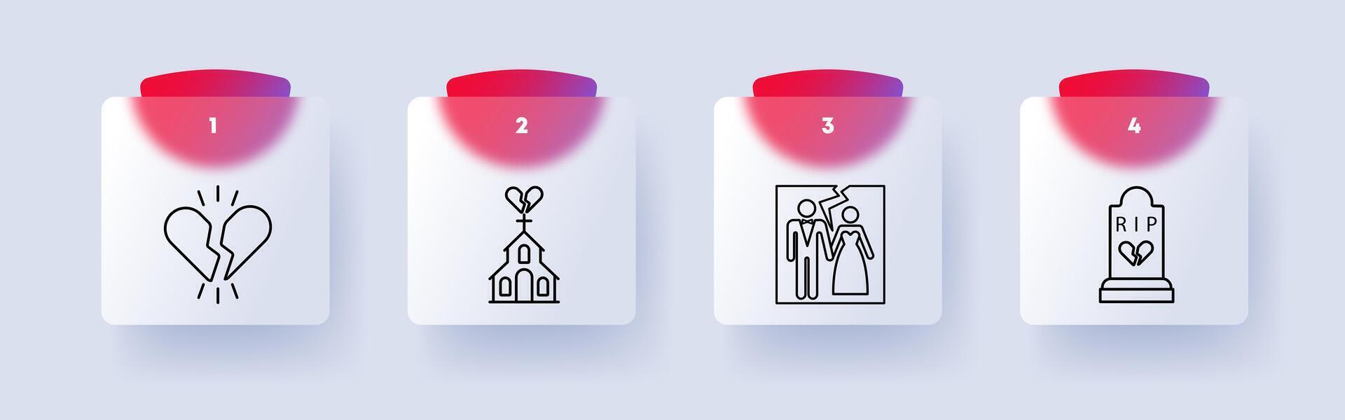 Breaking up icon set. Broken heart, church, house of God, photo card, schism, disintegration, grave, end, divorce, numbering. Relationship ending concept. Glassmorphism style. vector