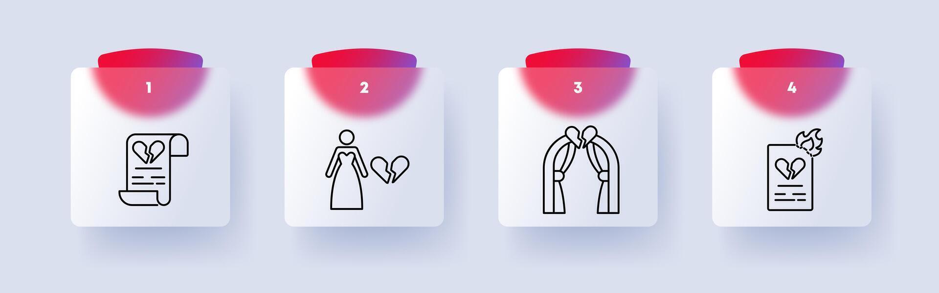 Breaking up icon set. Broken heart, document, text, woman, dress, crown, fire, fire, schism, decay, end, divorce, numbering. Relationship ending concept. Glassmorphism style. vector