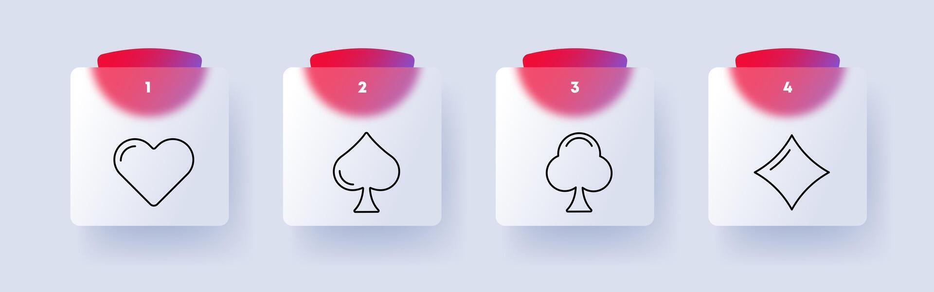 Card suits set icon. Spades, diamonds, crosses, hearts, card game, silhouettes, casino, bet, game for money, numbering. Gambling concept. Glassmorphism style. vector