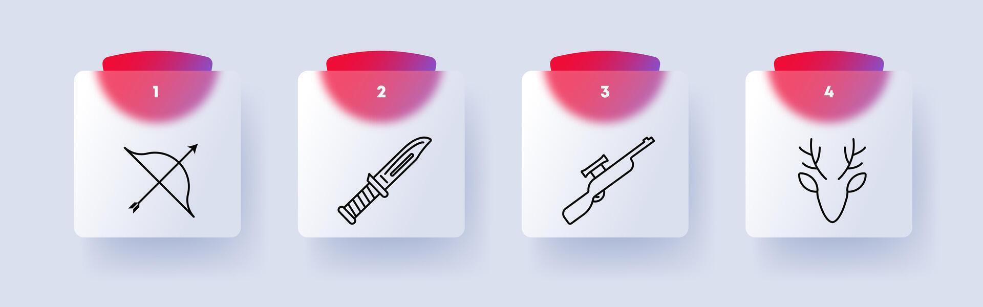 Chase set icon. Deer head, antlers, hunting trophy, knife, handle, sight, rifle, bow, silhouette, arrow, prey, target, weapon, numbering. Concept of hunting and hunting weapons. Glassmorphism style. vector
