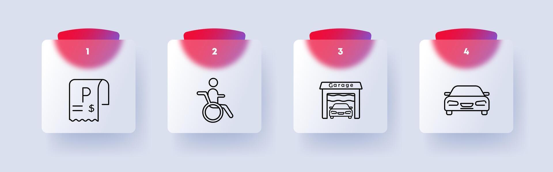 Tax set icon. Garage, check, invoice, machine, car, parking, pitstop, P, numbering, silhouette, flat design, man, wheelchair, sign, design, interface. Glassmorphism style. vector