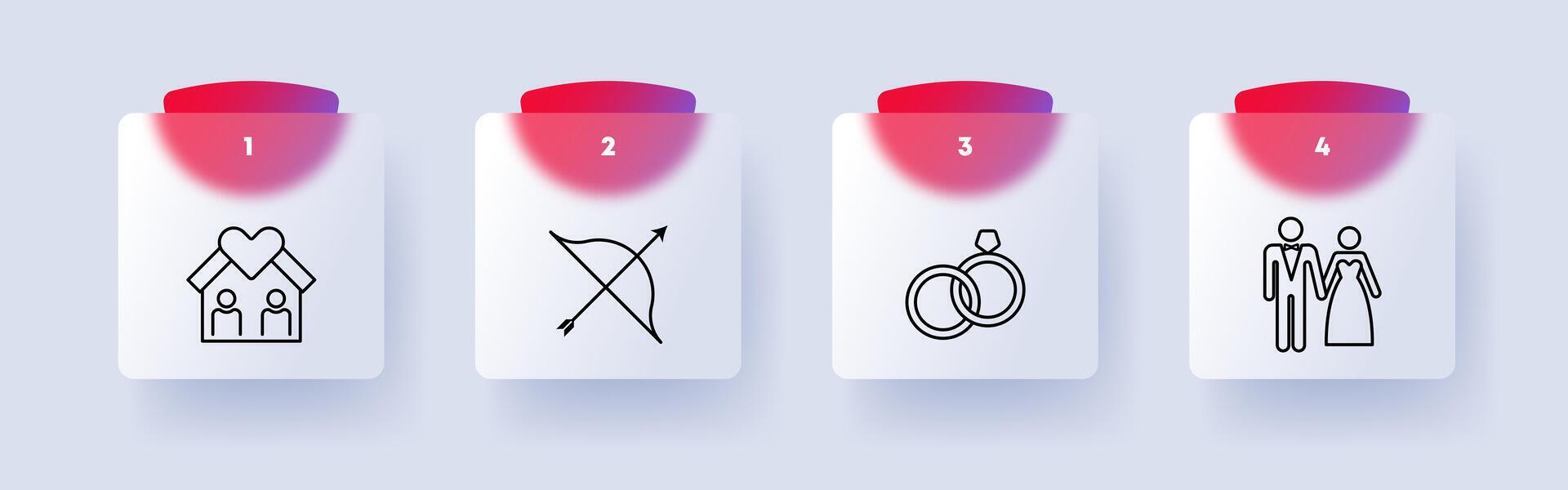 Wedding icon set. House, living together, bow, rings, man, woman, wedding suit and dress, heart, love, getting married, numbering. Concept of starting a relationship. Glassmorphism style. vector