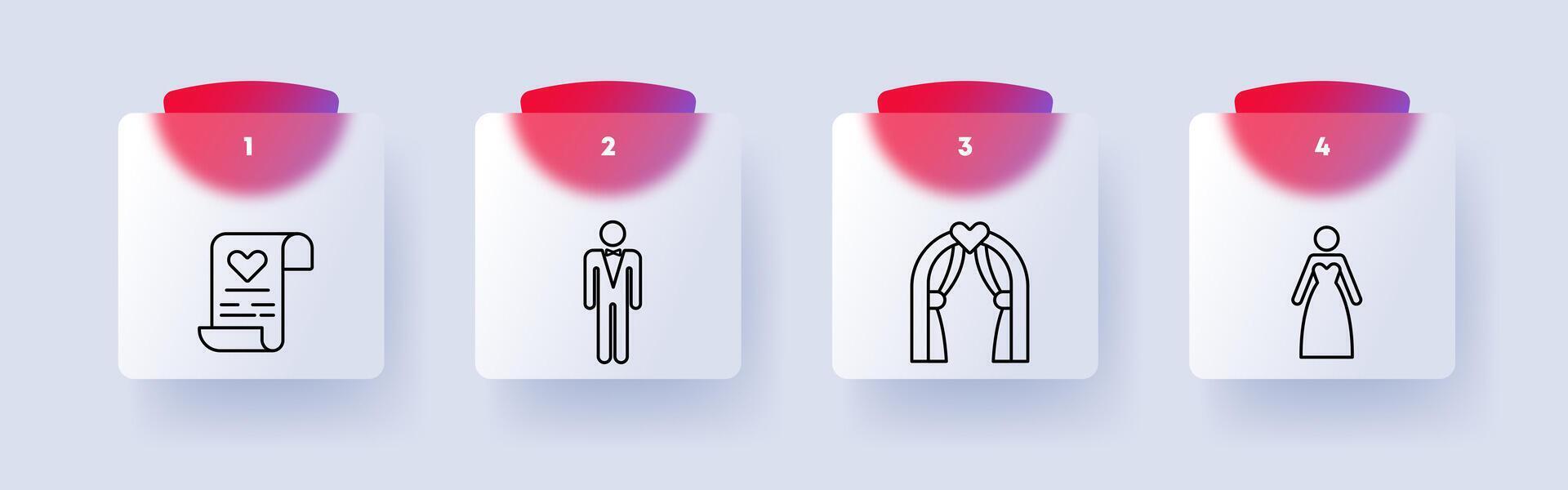 Wedding icon set. Document, man, woman, wedding suit and dress, wine, heart, love, uniting oneself by marriage, numbering. Concept of starting a relationship. Glassmorphism style. vector