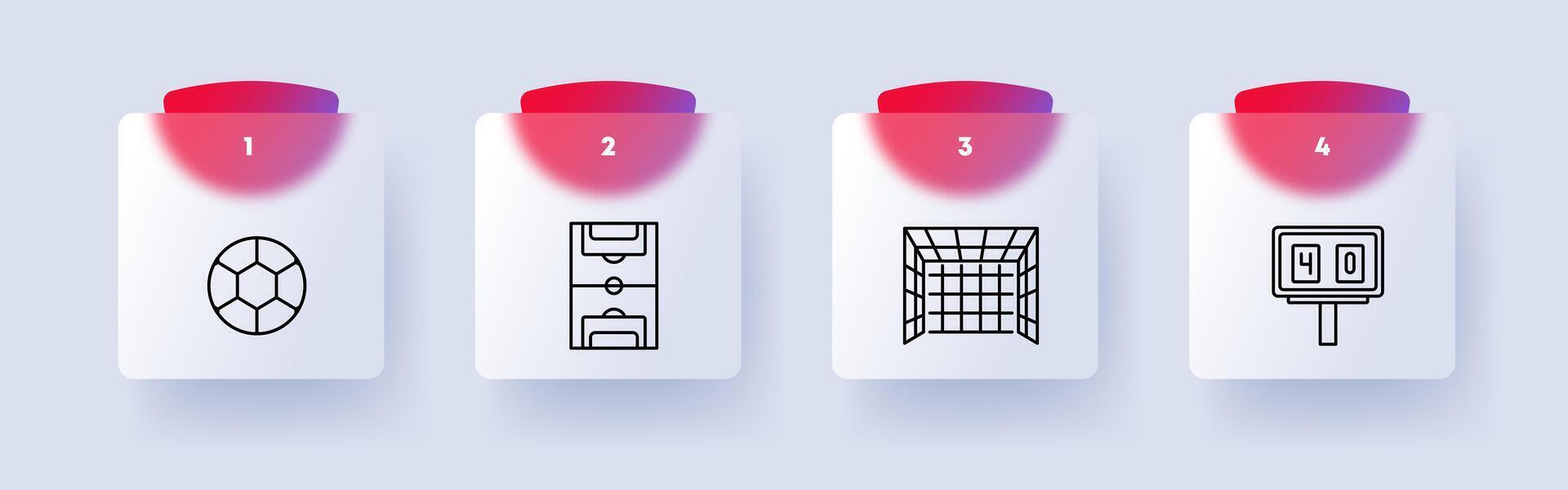 Sports set icon. Soccer ball, sports equipment and supplies, field, goal, net, scoreboard, score, time, 40, numbering, flat style. Healthy lifestyle concept. Glassmorphism style. vector