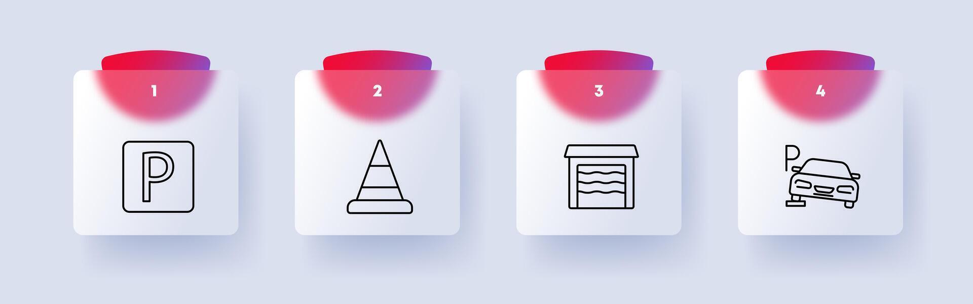 Tax set icon. Garage, check, invoice, machine, car, parking, pitstop, P, numbering, silhouette, flat design, cone, fence, sign, design, interface. Glassmorphism style. vector