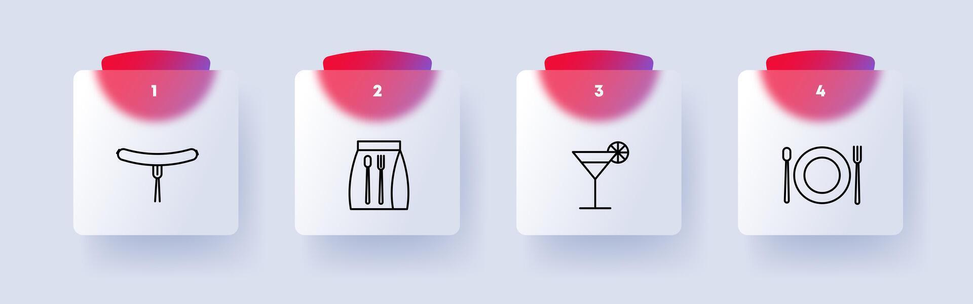 Food set icon. Sausage, fork, glass, drink, tube, cocktail, lemon, lime, packed lunch, spoon, fork, kitchen utensils, numbering, flat style. Culinary dishes concept. Glassmorphism style. vector