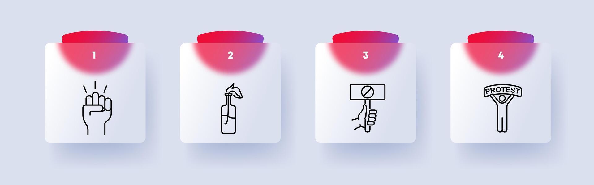 Uprising icon set. Fist, hand, battle, Mootov cocktail, bottle, fire, banner, ban, stop sign, protest, man. silhouette, flat design, numbering. Fight against the regime concept. Glassmorphism style. vector