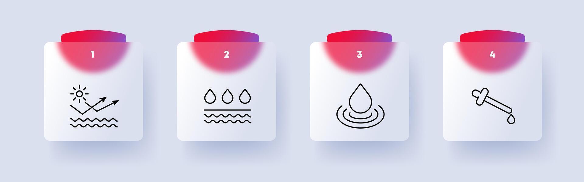 Skin care icon set. Cream, liquid, protection from sun rays and water, pipette, silhouette, flat design, nutrient liquid, numbering. Health care concept. Glassmorphism style. vector