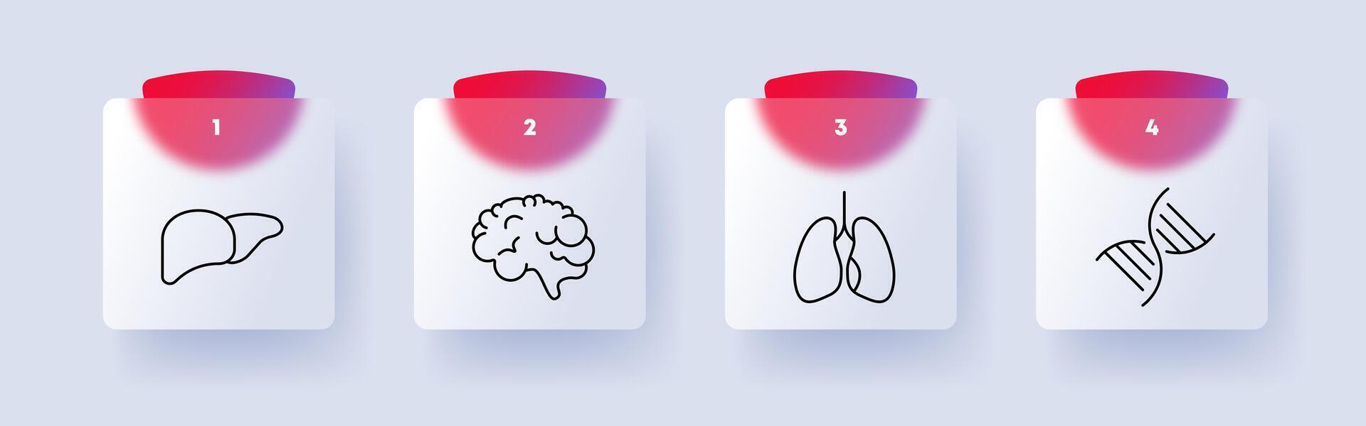 Organs set icon. Liver, brain, lungs, dna, numbering, flat design. Self care concept. Glassmorphism style. vector
