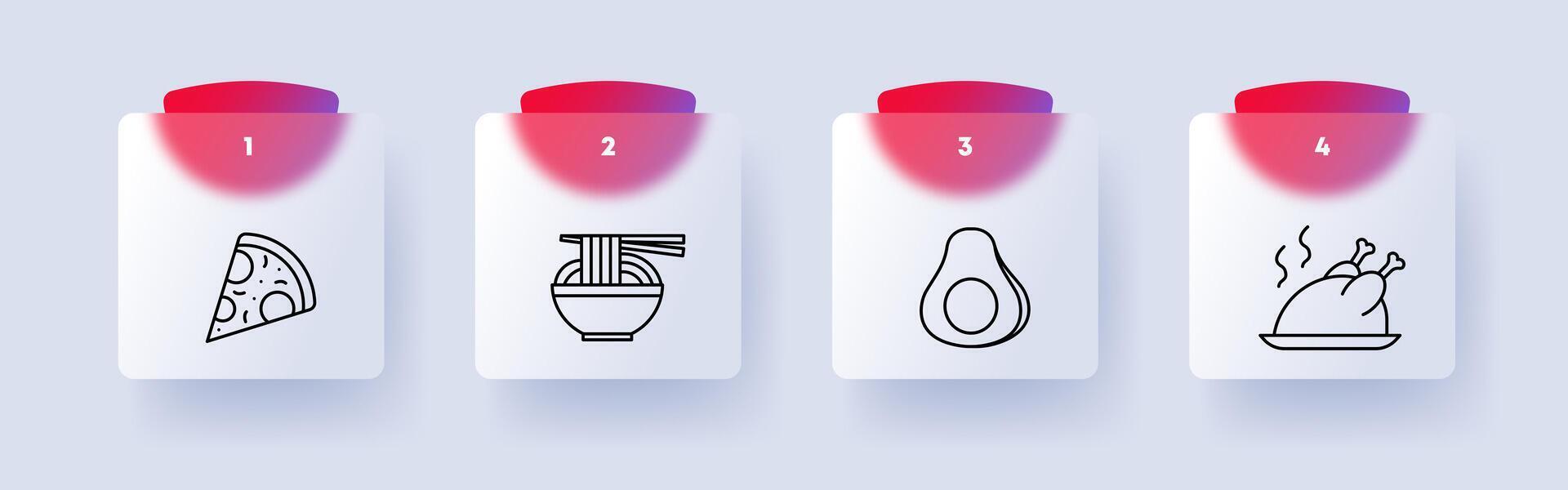 Food set icon. Pizza, ramen, noodles, egg, white, yolk, natural product, fast food, unhealthy, healthy and fatty food, chicken, numbering, yolk, white, delicacies, unusual food. Glassmorphism style. vector