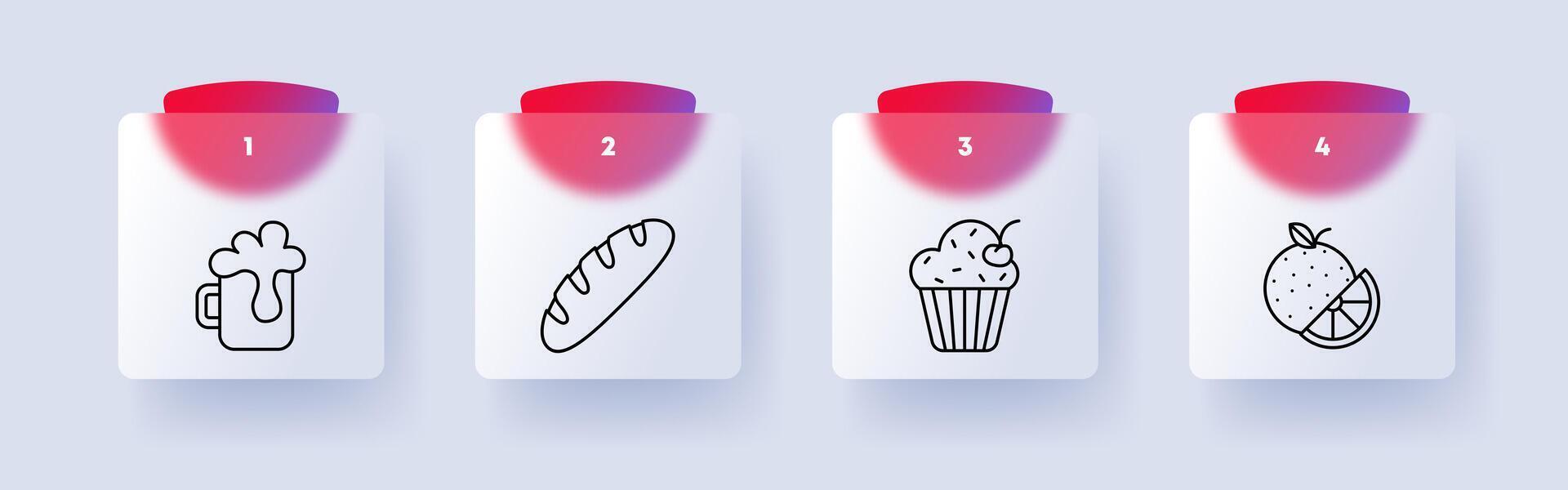 Food set icon. Orange, tangerine, citrus, mug of beer, drink, foam in glass, bread, baguette, cupcake with cream and cherry, delicacies, unusual food. Glassmorphism style. vector