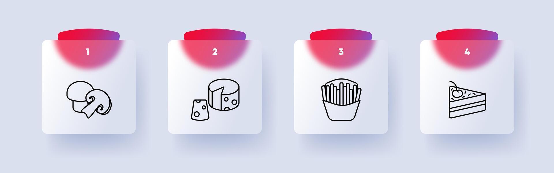 Food set icon. Mushrooms, cut, white and chanterelle mushroom, French fries, fast food, junk food, cake with cream and cherry, cheese with holes, delicacies, unusual food. Glassmorphism style. vector