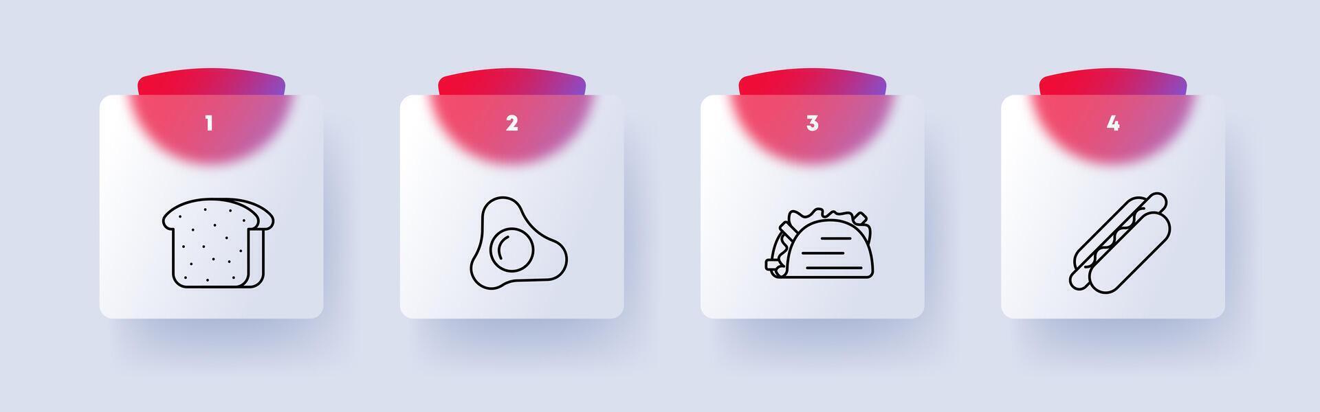 Food set icon. Egg, omelet, fried eggs, doner, pita bread, bread, cut, hot dog, fast food, junk food, numbering, yolk, white, delicacies, unusual food. Glassmorphism style. vector