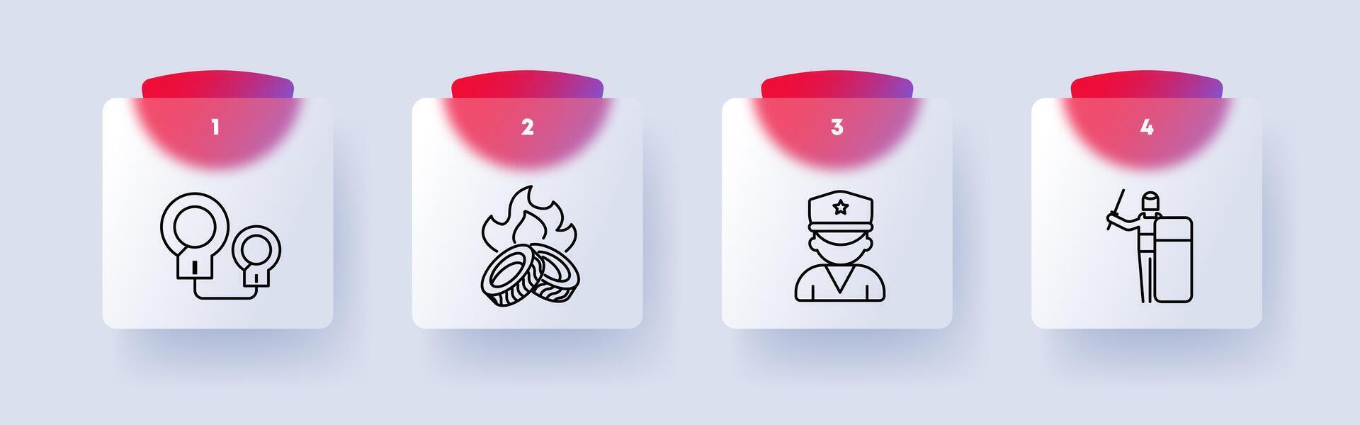 Uprising icon set. Handcuffs, prison, bondage, tires, tires, fire, police, uniform, operational team, flat design, numbering. Fight against the regime concept. Glassmorphism style. vector