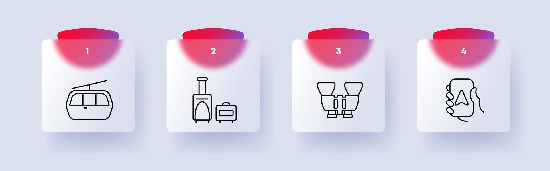 Travel set icon. Funicular, cable, cabin, fork, pointer, sign, binoculars, lens, numbering, stove, firewood, hobby, rest. Tourism and wandering concept. Glassmorphism style. vector