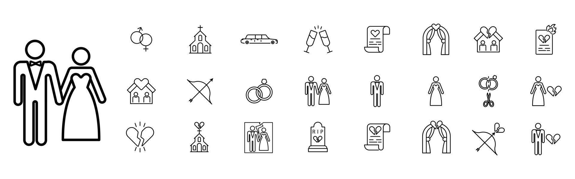 Divorce set icon. Divided photo, break, wedding rings, cut, scissors, breakup, separate, bride, wedding dress and suit, butterfly tie. Parting, ending a relationship concept. Glassmorphism style. vector