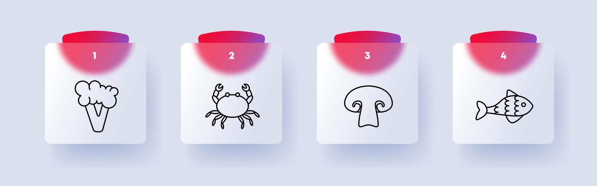 Products set icon. Fish, crab, seafood, cut mushroom, broccoli, delicacy, unusual food, scales, fins, health care, diet, numbering. Healthy eating concept. Glassmorphism style. vector