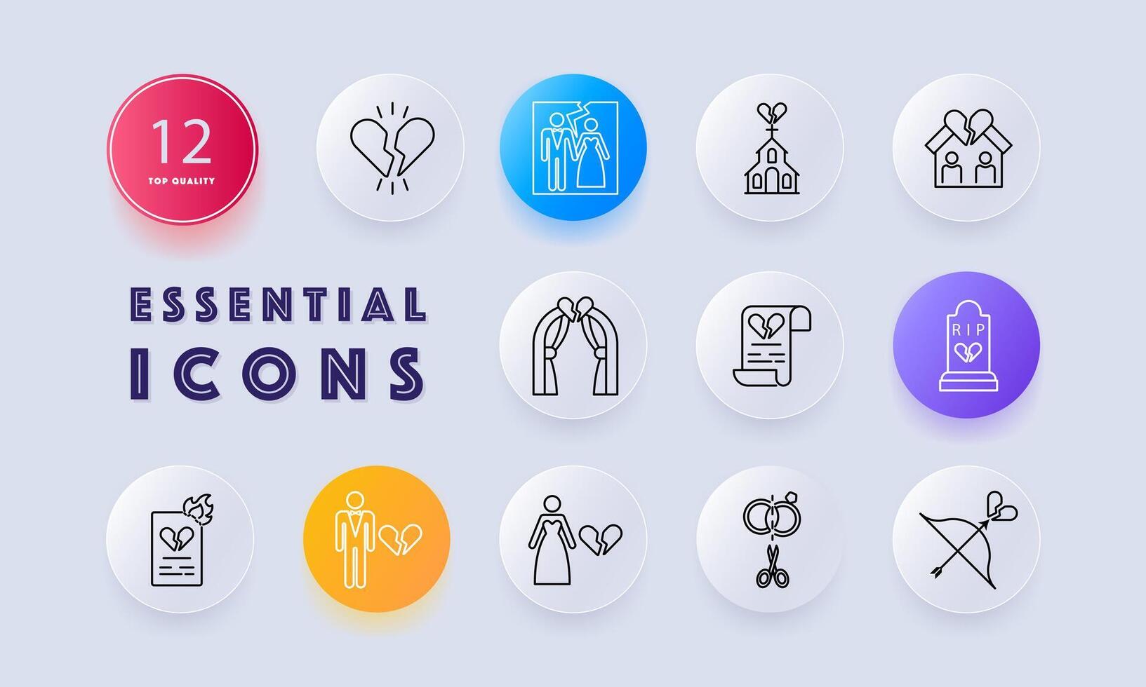 Divorce set icon. Document, broken heart, burning paper, breakup, separate, bride, wedding dress, bow, grave, photo card, split, crown. Parting, ending a relationship concept. Neomorphism style. vector