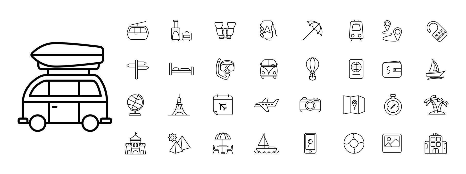 Travel set icon. A car, a motorhome with a boat on the roof, restaurant table for eating outside, umbrella, chairs, a boat, a yacht, an airplane. Tourism and wandering concept. vector