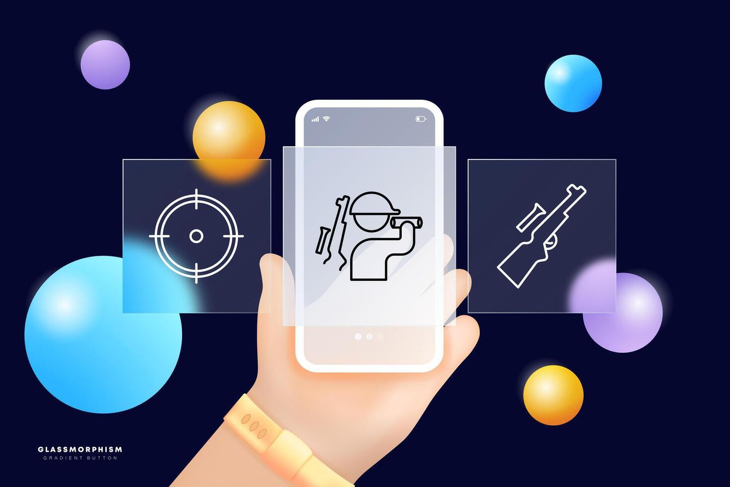 Shoot set icon. Sight, crosshair, man, silhouette, hunter, rifle. trigger, phone, glass, balls, hand. Concept of hunting and chasing. Glassmorphism style. vector