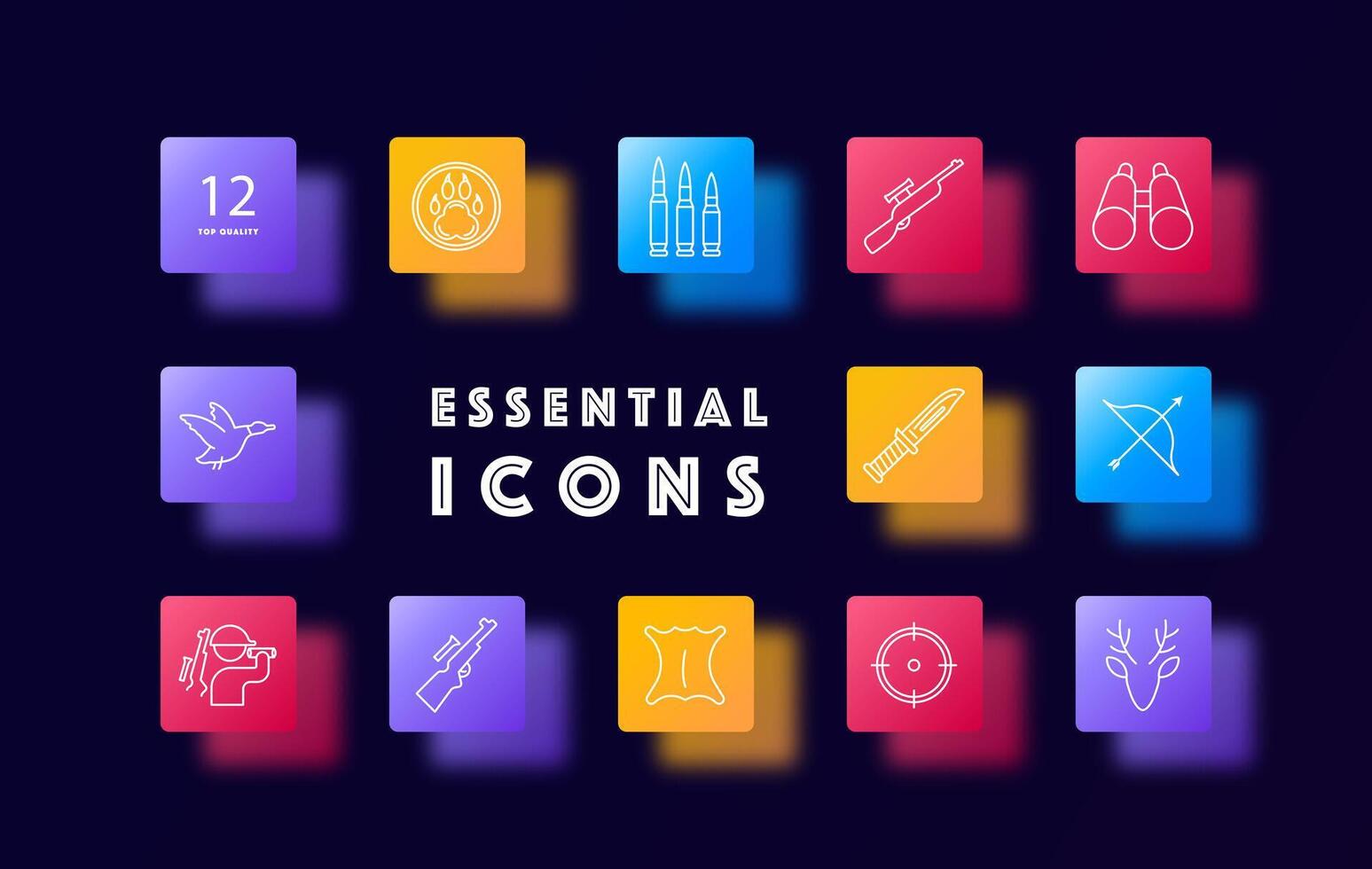 Chase set icon. Bear paw badge, rifle, bow, deer, skin, knife, bullet, horns, crosshair, sight, binoculars, silhouette, man, duck, gradient. Hunting concept. Glassmorphism style. vector