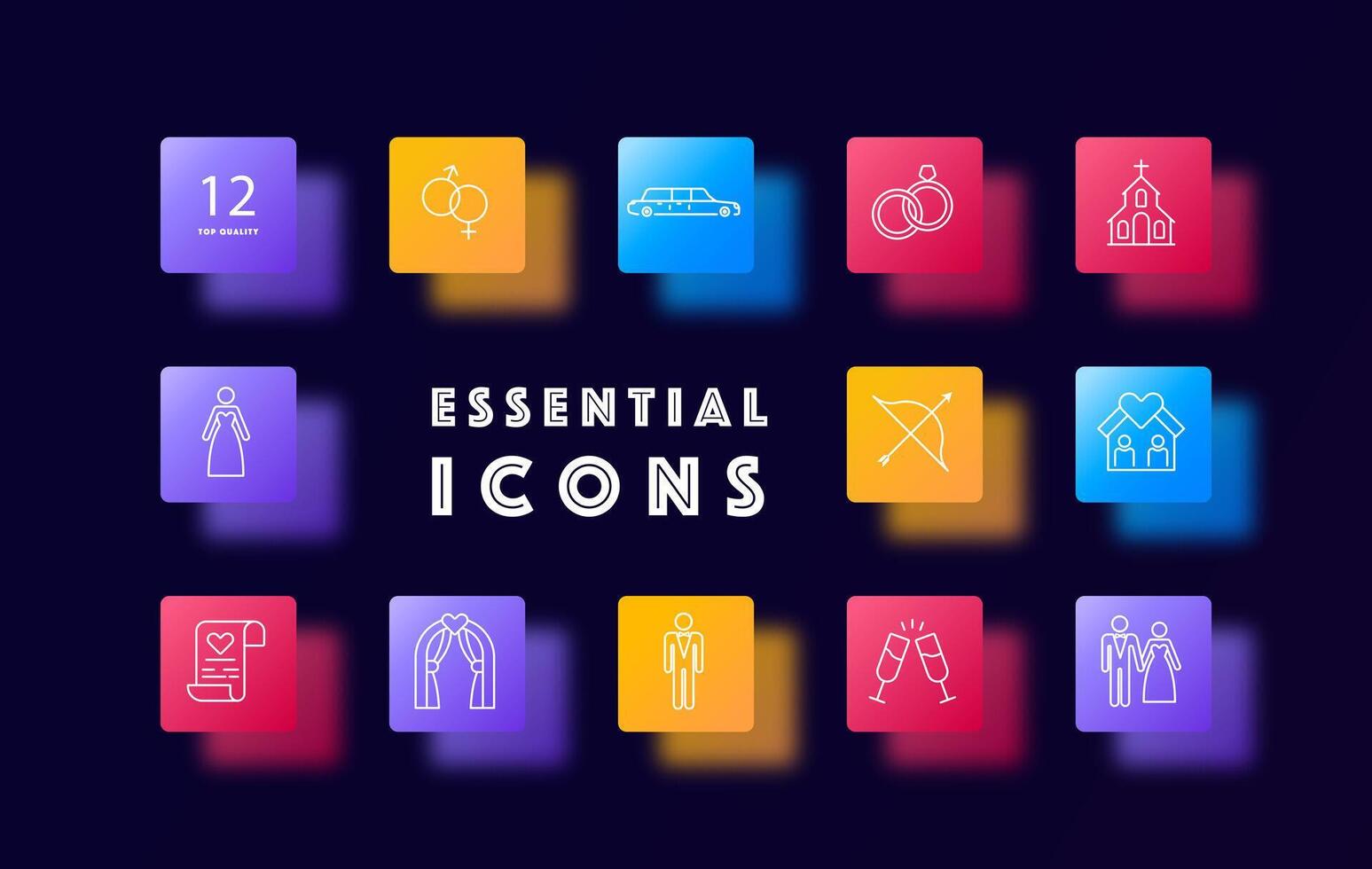 Wedding icon set. Document, wine, sex, glasses, church, heart, wife, wedding dress and suit, man, groom, house, limousine, bow, marriage certificate, altar. Marriage concept. Glassmorphism style. vector
