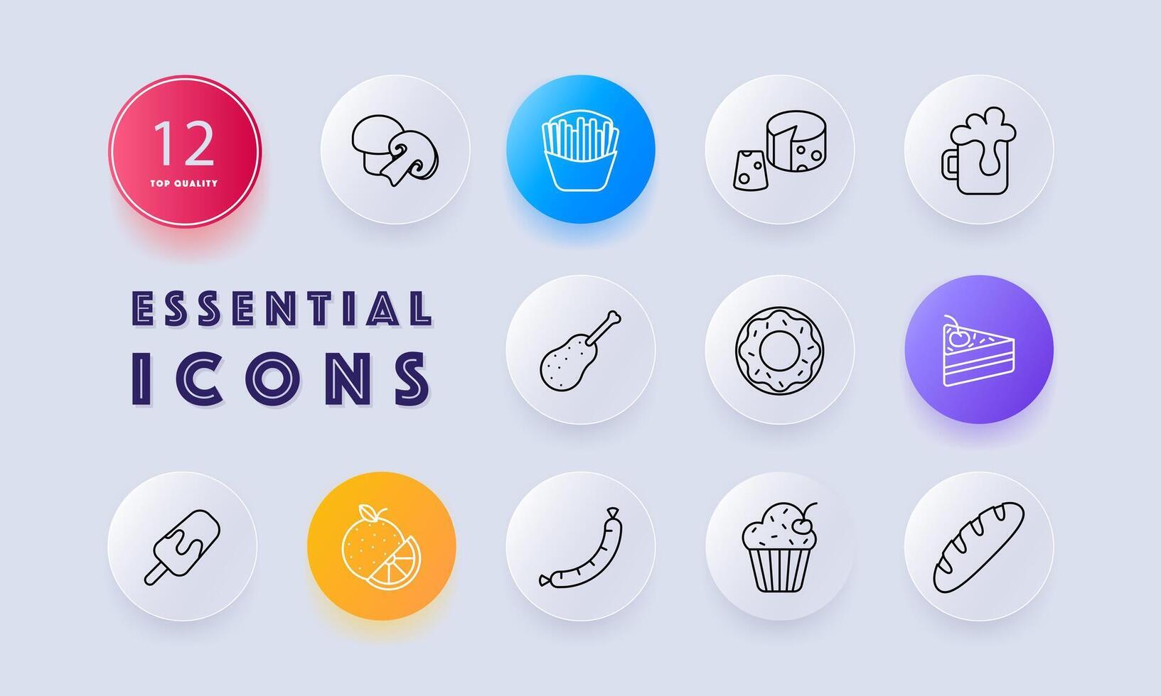 Delicacy set icon. Mushrooms, cheese with holes, cupcake, baguette, ice cream, donut, french fries, fast food, junk food, cherry, cake, sausage, drink, unusual food. Neomorphism style. vector