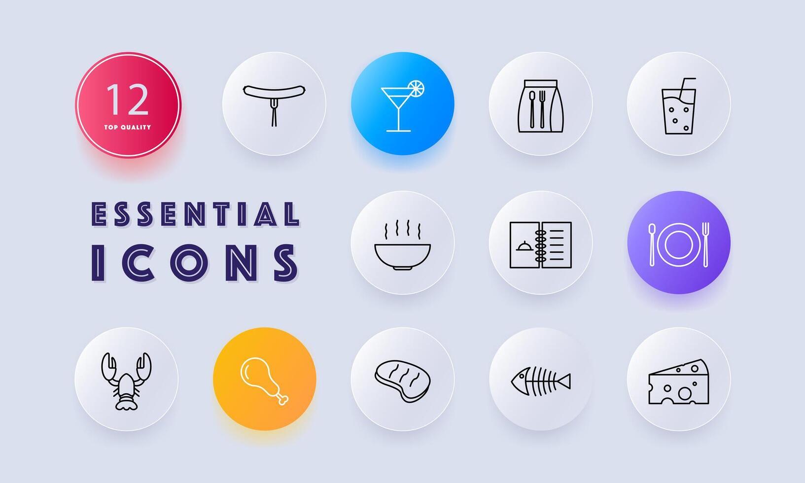 Food set icon. Glass, alcohol, hot dish, steak, skeleton, fish, cheese with holes, chicken, bone, spoon, fork, gradient, menu, cocktail, packed lunch. Culinary dishes concept. Neomorphism style. vector