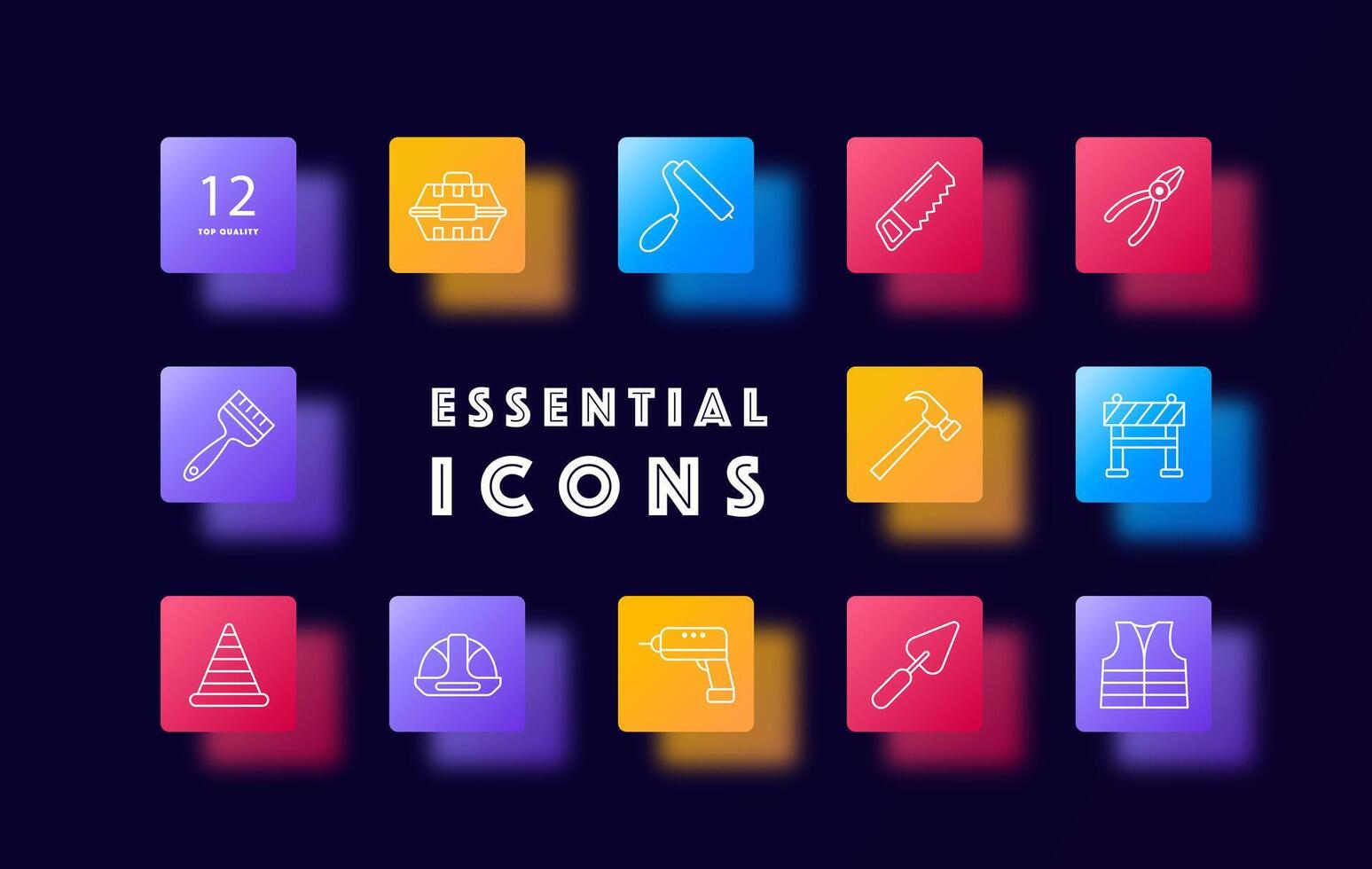 Construction set icon. Repair supplies, equipment, saw, roller, pliers, brush, cone. fence, helmet, drill, spatula, windbreaker, jacket, uniform, hammer. Glassmorphism style. vector