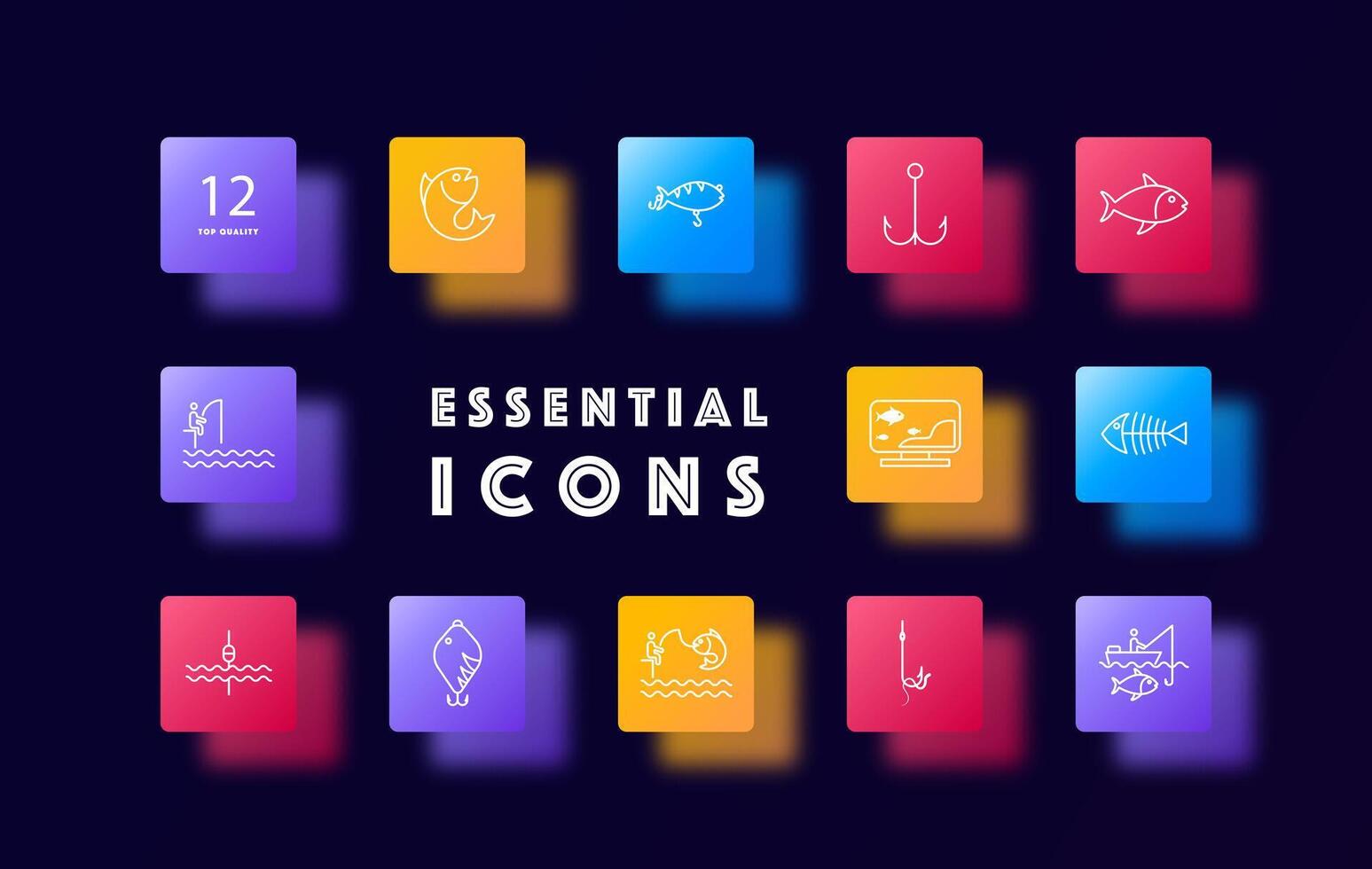 Fishing icon set. Camping, skeleton, fishing line, fisherman, sea, pond, catch, hook, float, hook, underwater creature, perch, silhouette, gradient. Active recreation concept. Glassmorphism style. vector