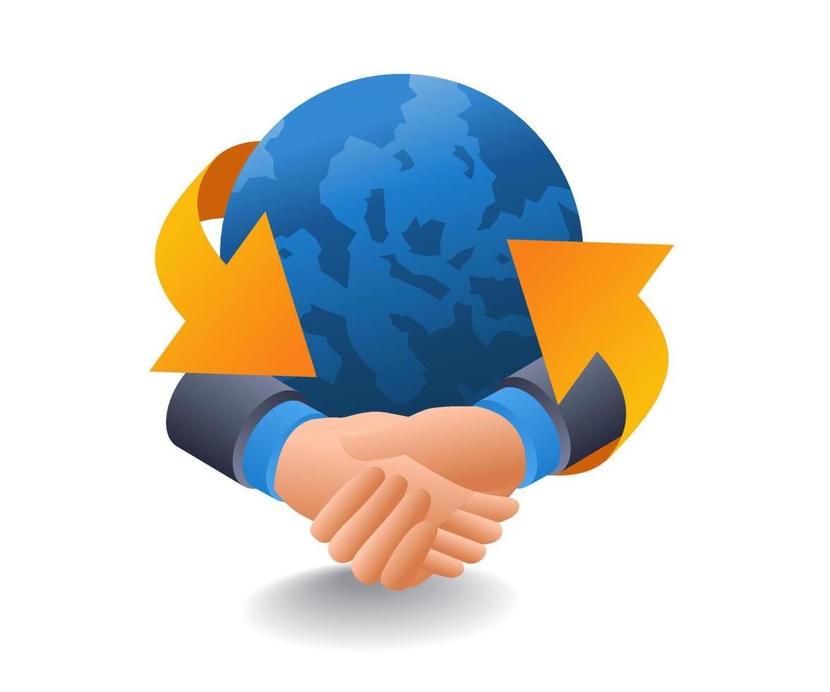 World cooperation handshake concept, flat isometric 3d illustration vector