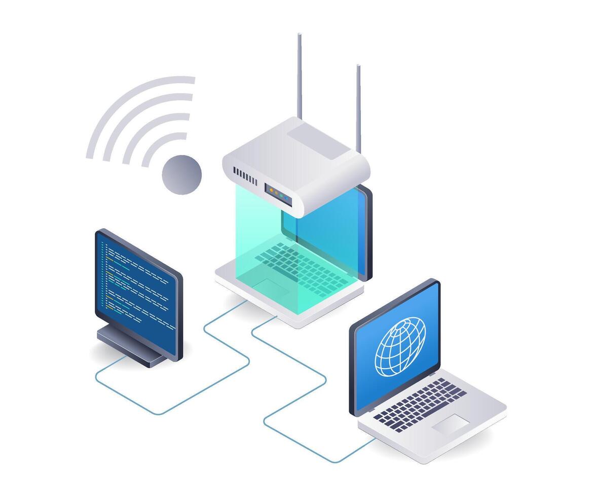 Wifi network internet router usage computer concept, flat isometric 3d illustration vector