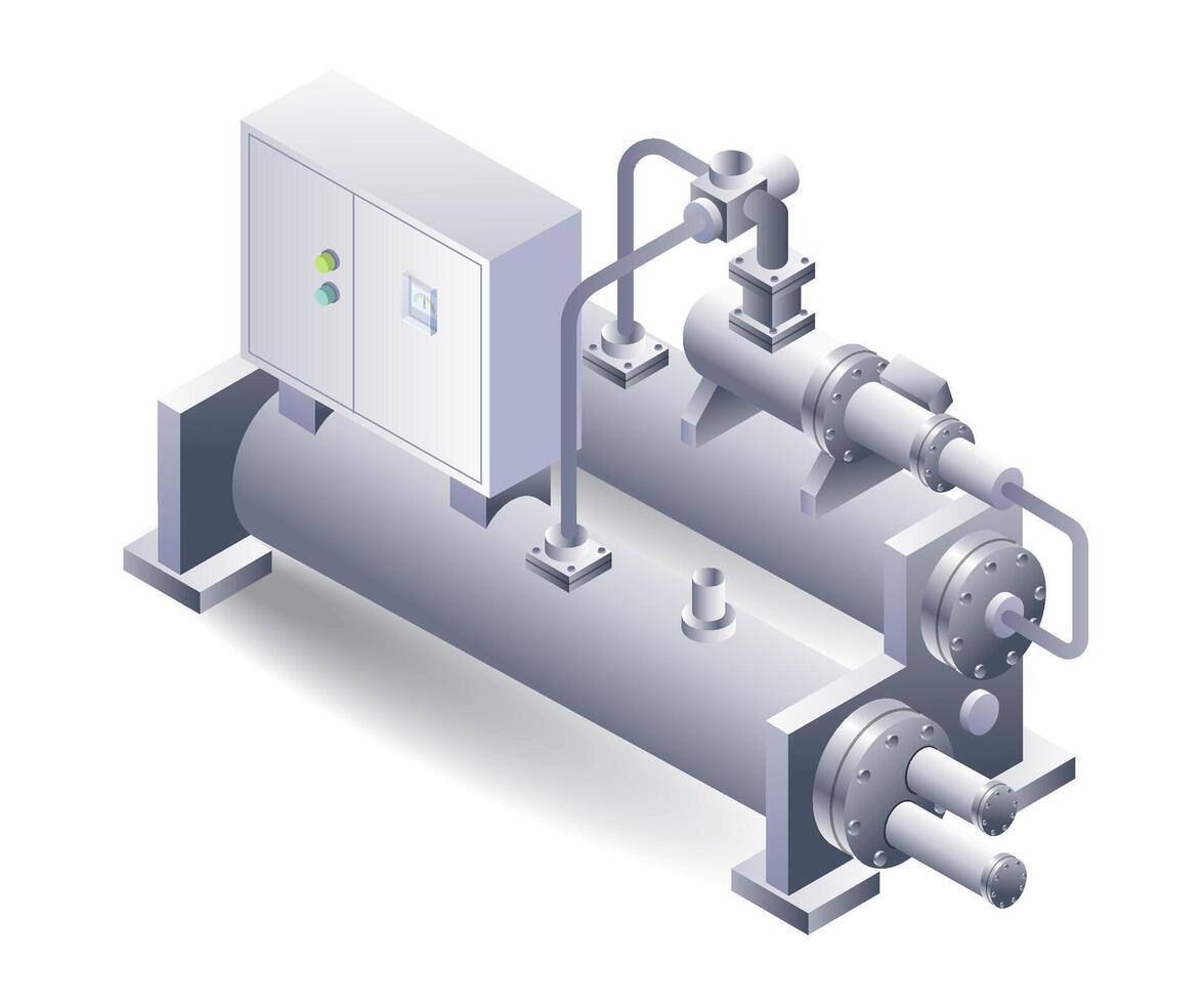 Water cooled machine construction flat isometric system 3d illustration vector