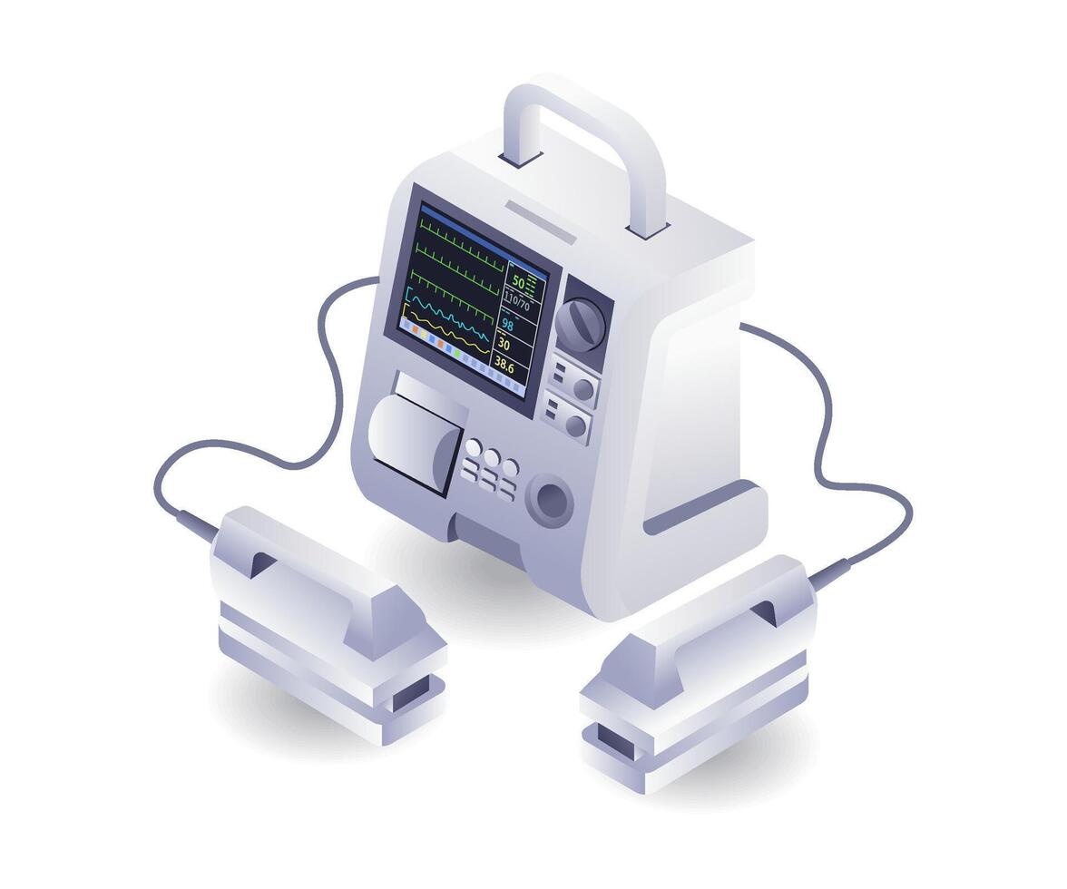 médico dispositivo desfibrilador plano isométrica ilustración vector