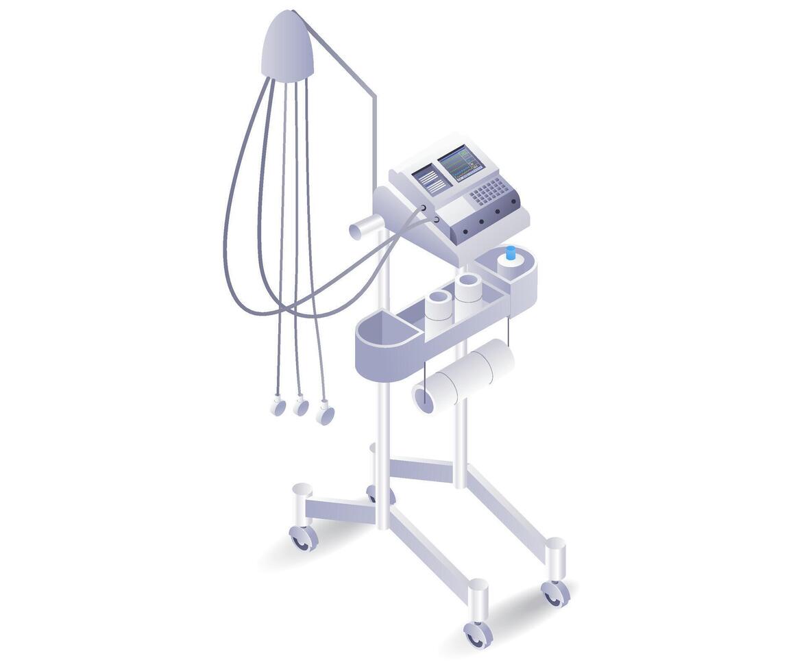 Medical equipment ventilator icu patient flat isometric illustration vector