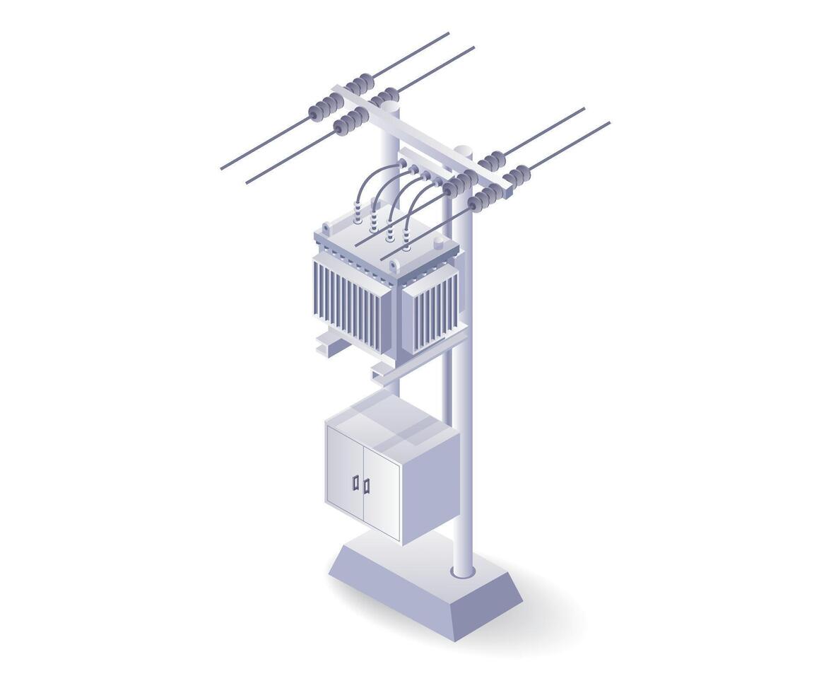 Technology power line pole with transformer flat isometric illustration vector
