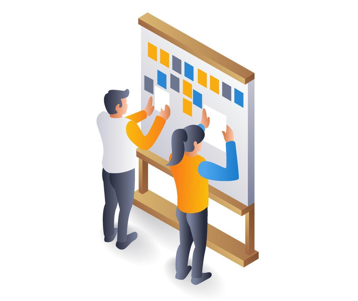 Team filling scrum board for business plan, flat isometric 3d illustration vector