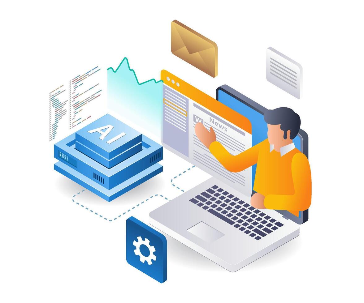 Studying school with artificial intelligence applications, flat isometric 3d illustration vector