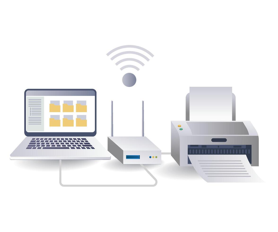 reunión sistema para computadora redes impresión concepto, plano isométrica 3d ilustración vector