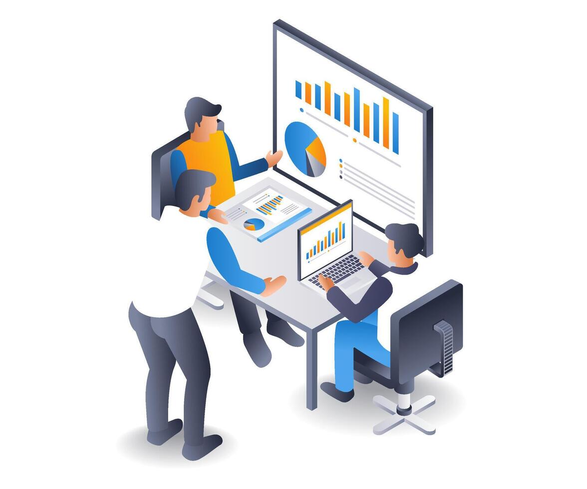 Team discussion about company development, flat isometric 3d illustration vector