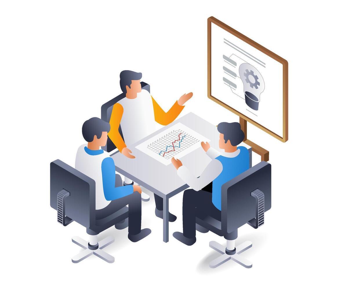 The team is meeting to collect ideas, flat isometric 3d illustration vector