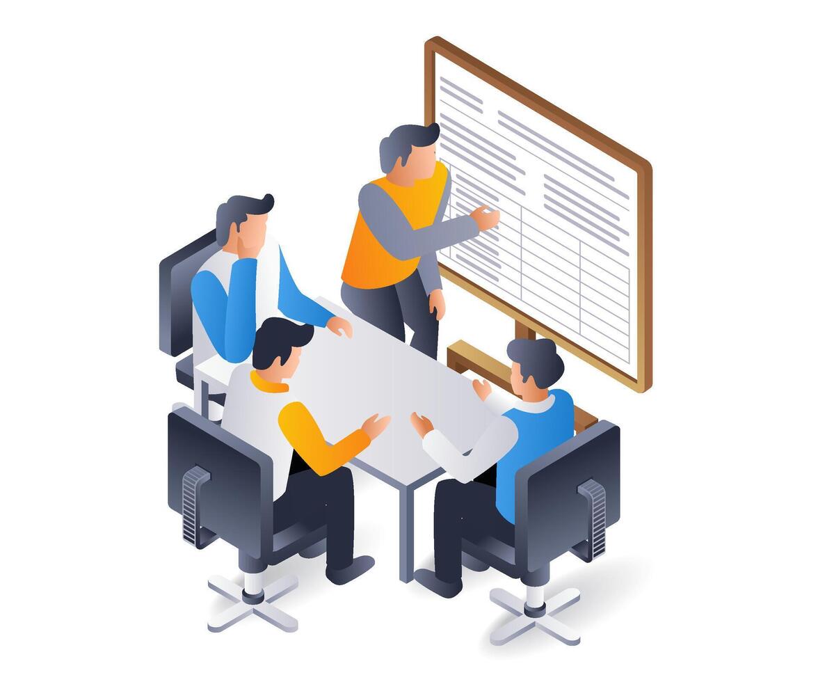 The team is having a meeting to solve company problems, flat isometric 3d illustration vector