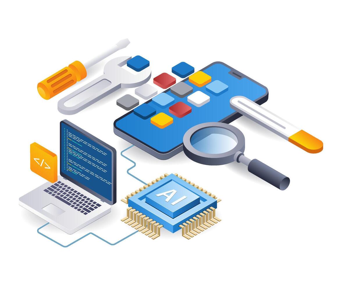 Test process for developing a smartphone application with artificial intelligence, flat isometric 3D illustration vector