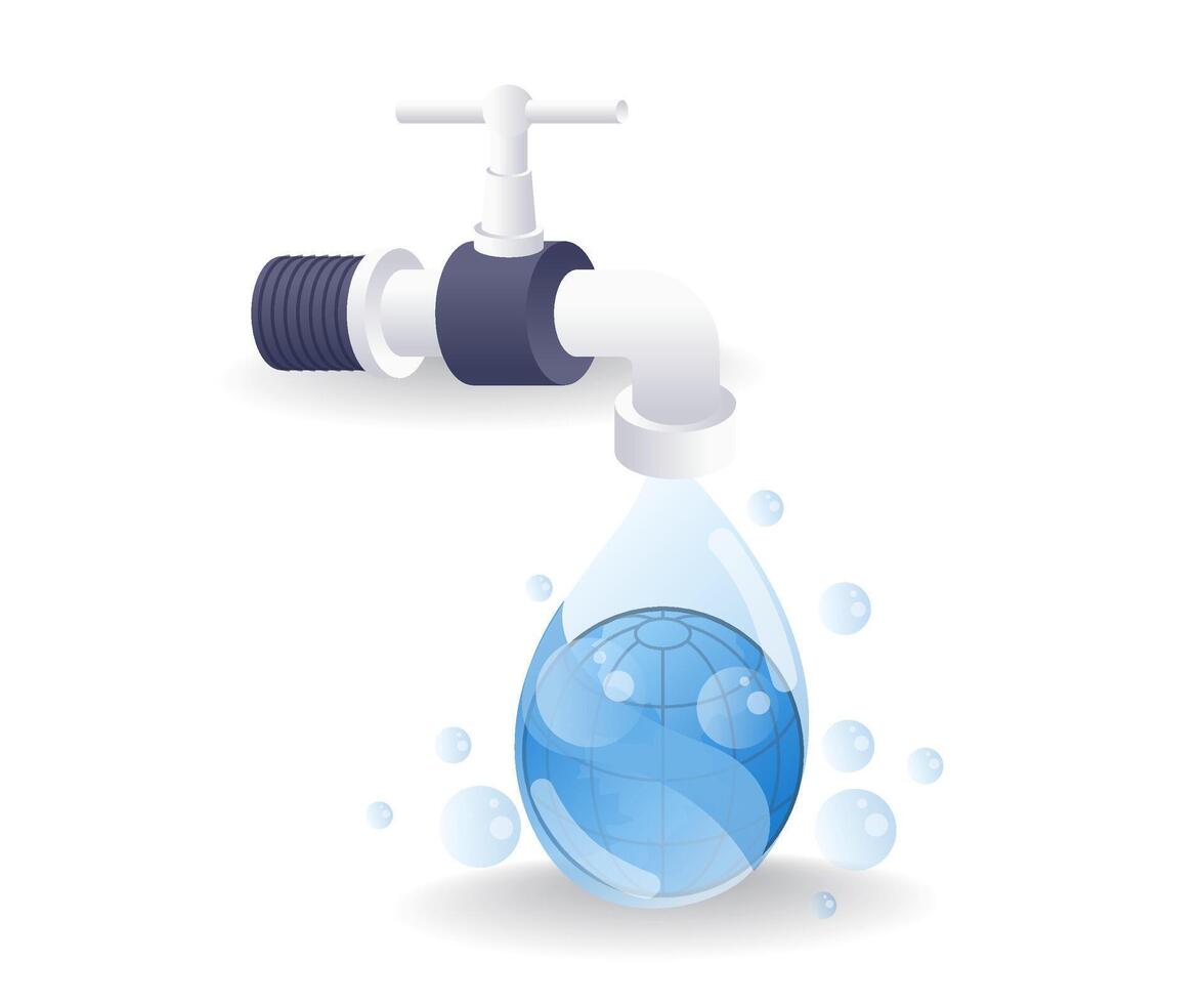 The faucet releases a source of clean water, flat isometric 3d illustration vector