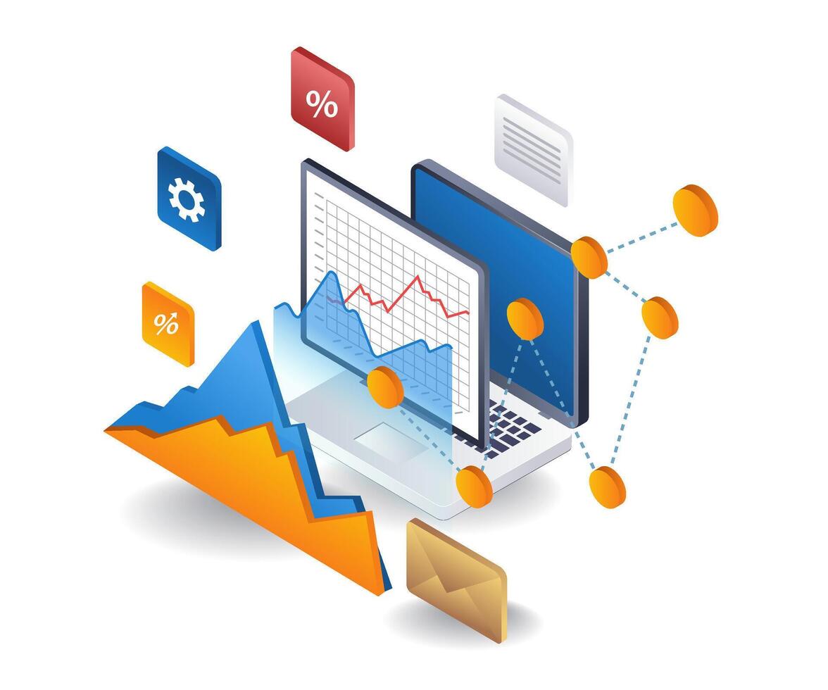 Professional business data analysis, flat isometric 3d illustration vector