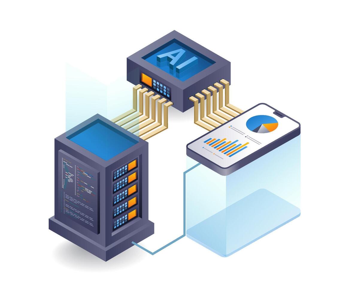 teléfono inteligente analista programador artificial inteligencia nube servidor, plano isométrica 3d ilustración vector